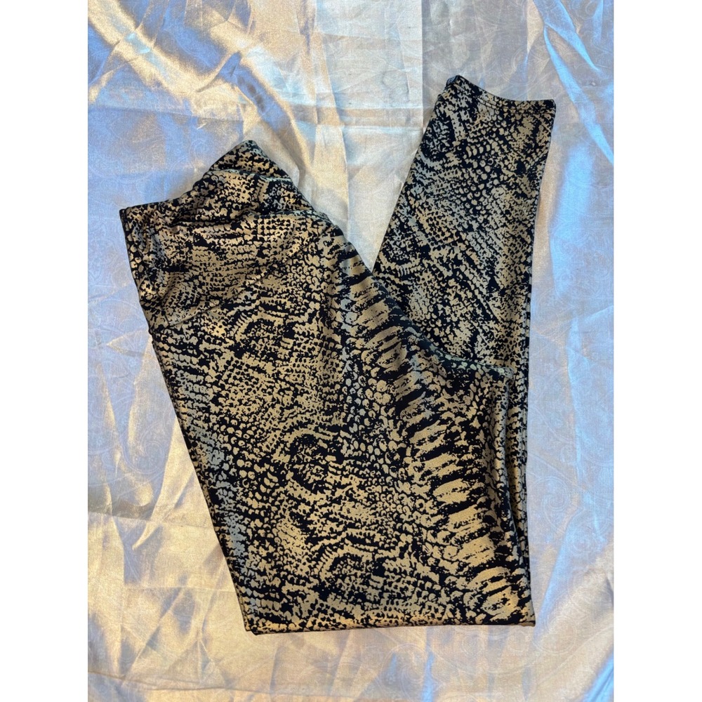 Onzie Womens Gold Metallic Snakeskin Print High Waisted Leggings Black S/M